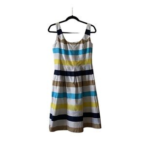 Nine West Fit & Flare Dress Striped Blue Yellow White Sleeveless Pockets Size 2